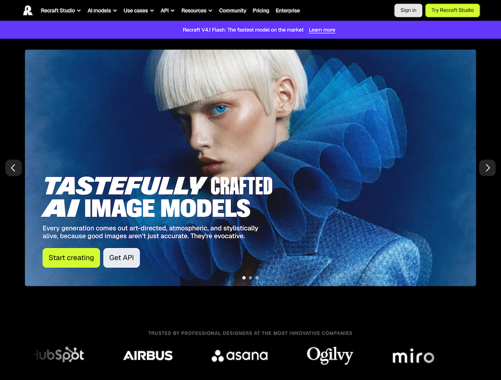 Recraft homepage showcasing its AI image and editable vector generation models
