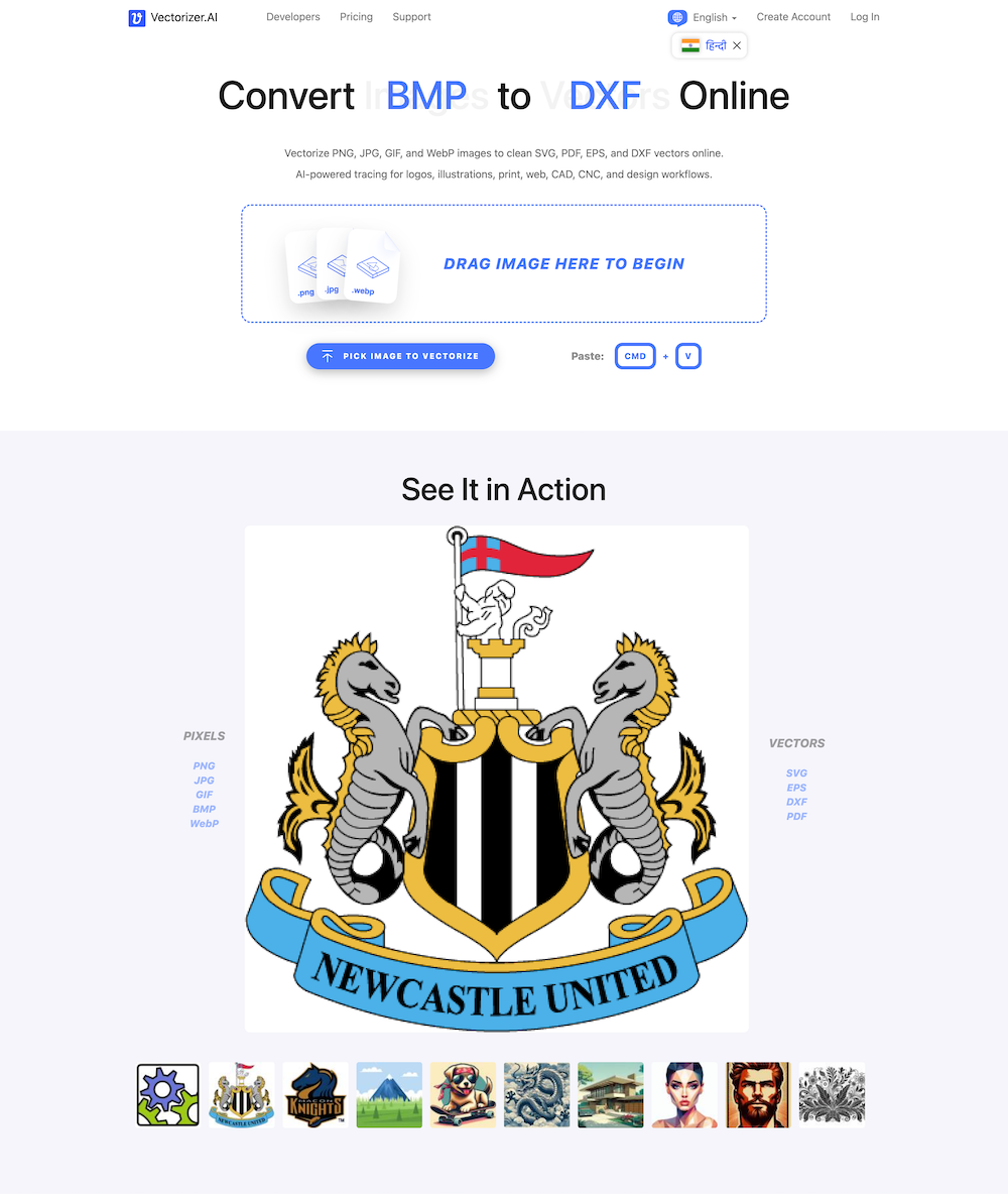 Vectorizer.AI homepage showing a raster logo converted into a clean, editable vector graphic
