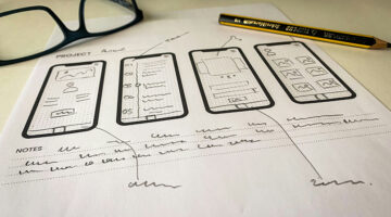 Mobile app wireframe sketches showing the app design and development process using templates or building from scratch