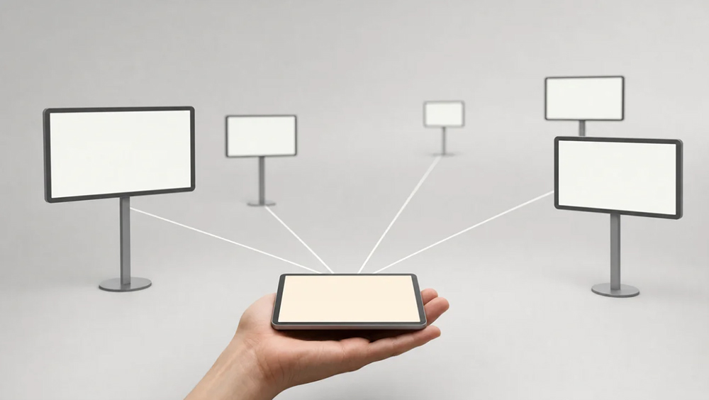 A hand holding a tablet with thin lines fanning out to several small blank screens at different distances, representing one dashboard controlling a distributed screen network. 