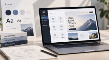 WordPress website editor on a laptop beside brand color, typography, and design system references
