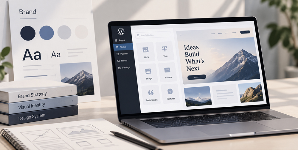 WordPress website editor on a laptop beside brand color, typography, and design system references