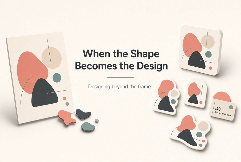 Abstract geometric artwork displayed on a poster and custom-shaped objects in coral, teal, and black.