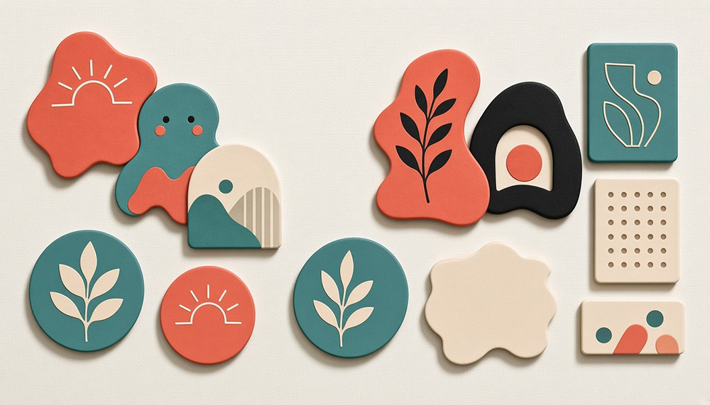 Collection of custom-shaped fridge magnets featuring abstract illustrations, botanical patterns, and geometric designs.